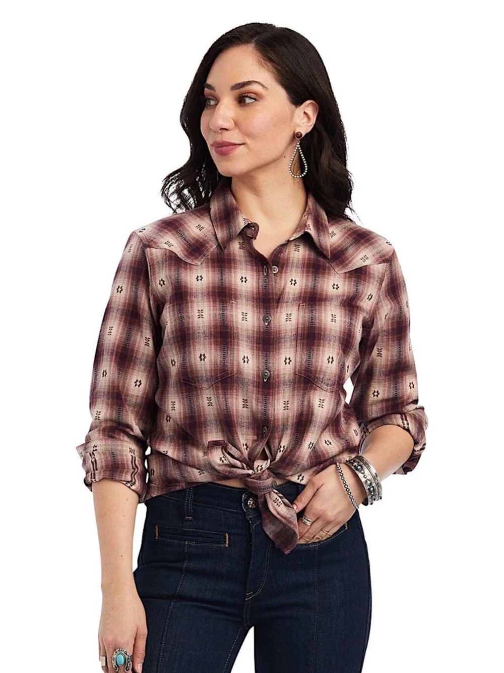 Ariat REAL Relaxed Fit Western Aztec Plaid Button Front Shirt Large Southwest